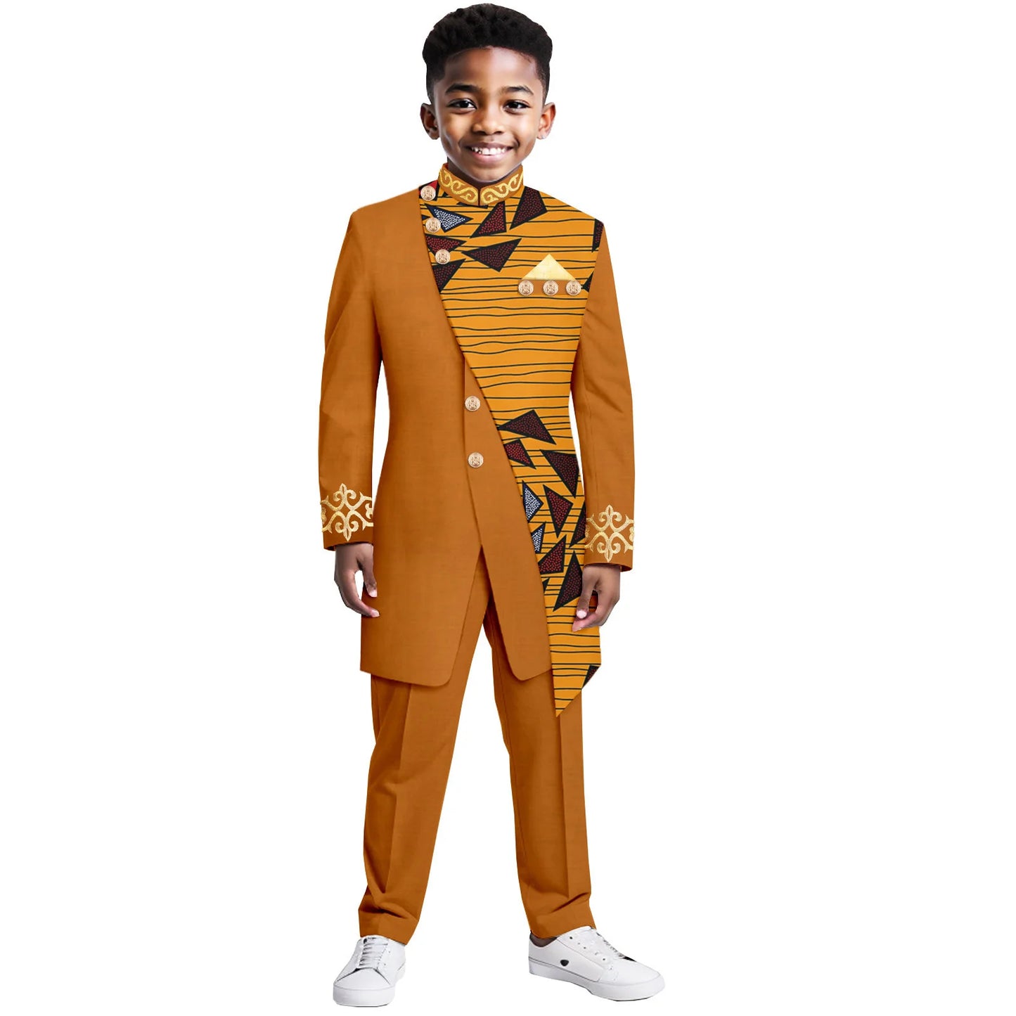 Boys Suits Wedding Tuxedo African Print Ankara Pure Cotton Jacket Pants 2 Piece Set Formal Party Fashion Dress Kids Blazer