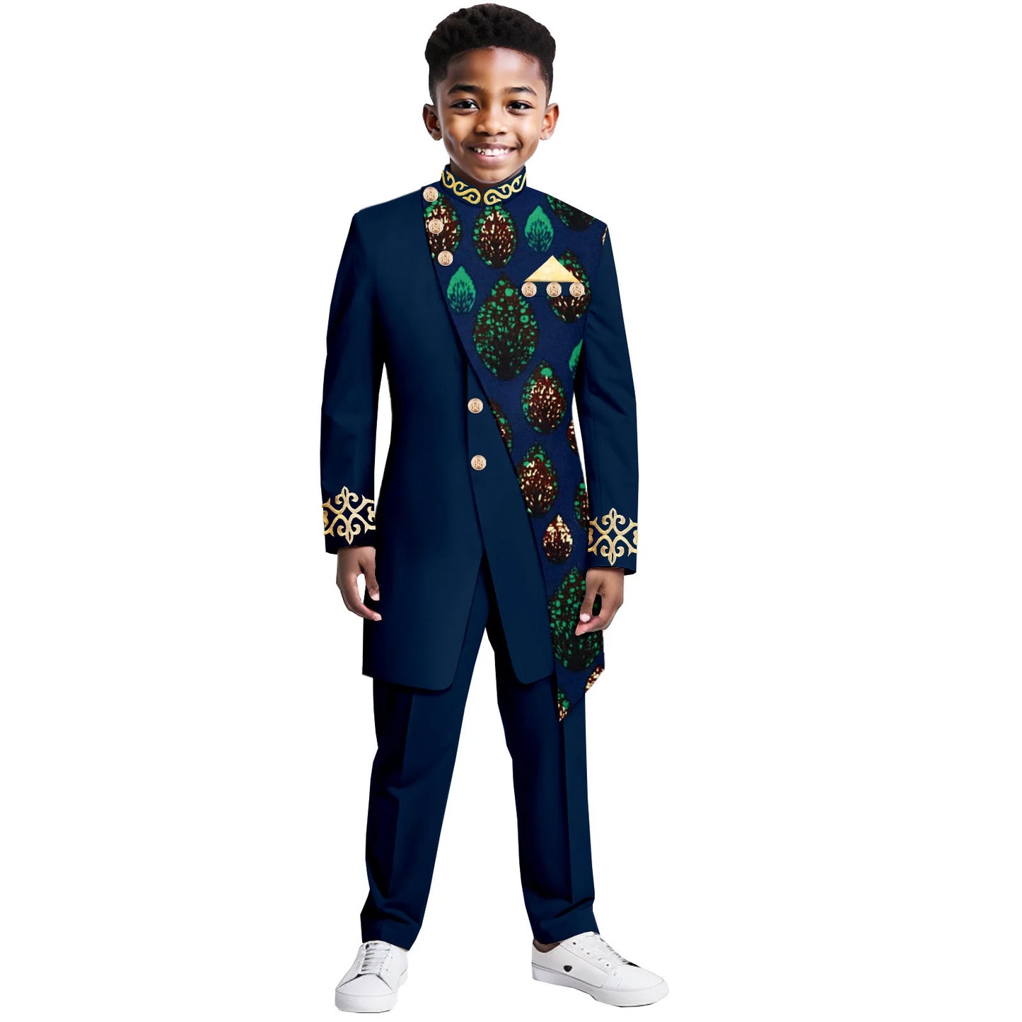 Boys Suits Wedding Tuxedo African Print Ankara Pure Cotton Jacket Pants 2 Piece Set Formal Party Fashion Dress Kids Blazer