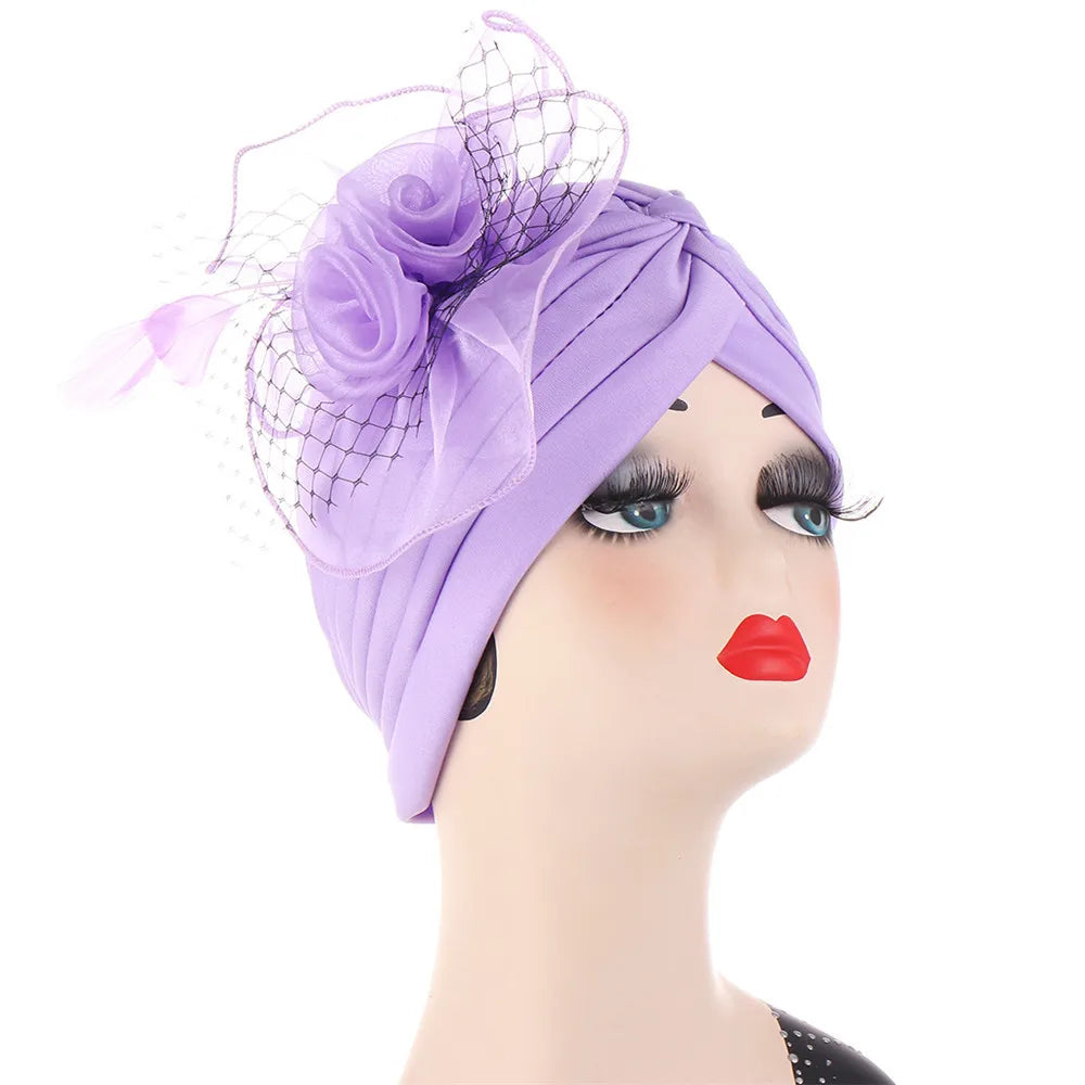 Big Flower Muslim Women Indain Hat Scarf Caps Chemo Turban Islamic Head Cover Party Evening Bonnet Pleated Vintage Elegant Hat