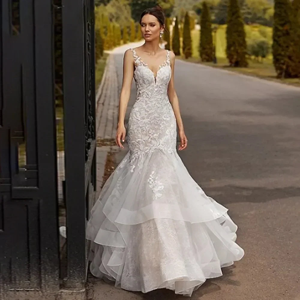Elegant white tulle wedding dress with halter Sweetheart applique Mermaid floor-length bridal gown vestidos de novia 웨딩드레스