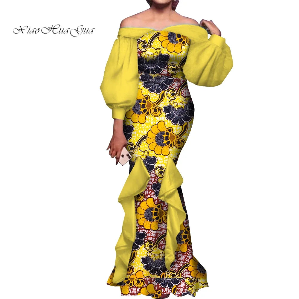 Fashion Women Ankara Dresses Flash Neck Puff Sleeve Long Dress African Dress Robe Africaine Femme Evening Mermaid Dress WY1848