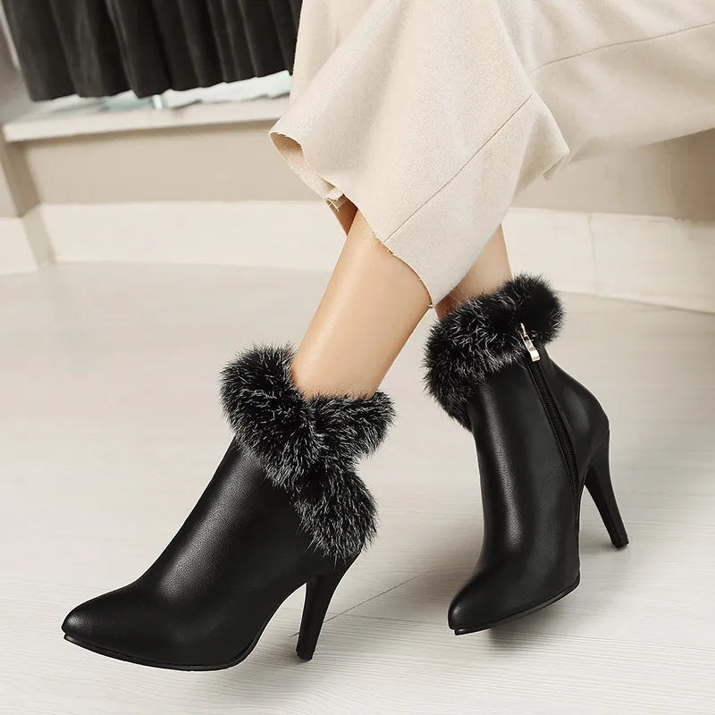 YMYECHIC Thin High Heel Ankle Boots Ladies Faux Fur Fringe Fashion Red White Black Party Wedding Shoes Women Booties Winter 2023