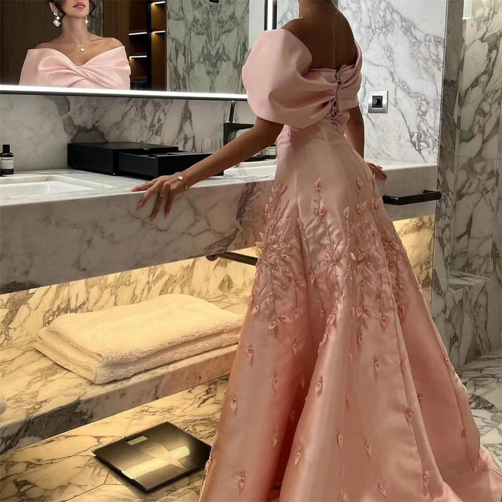 V Neck Off the Shoulder Beads 3D Flowers Satin Formal Occasion Evening Gown