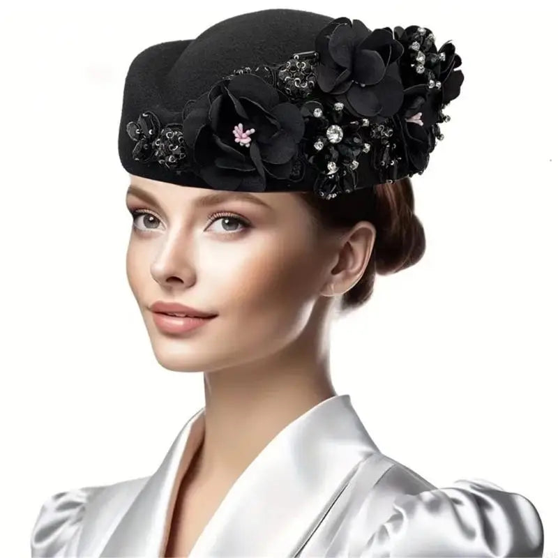 R1WE Women Church Baptism Hat Wool Hat for Horseracing Roleplay Bolwer Hat Formal Occasion Cosplay Costume Hat