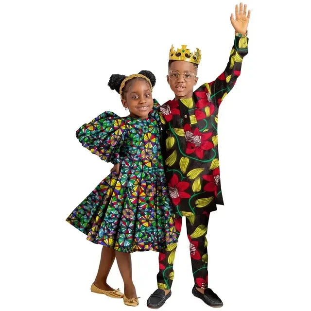 Wedding African Family Matching Outfits for Kids Sister Brother Girls Dress and Boys Pants Set Children Ankara Print Clothing