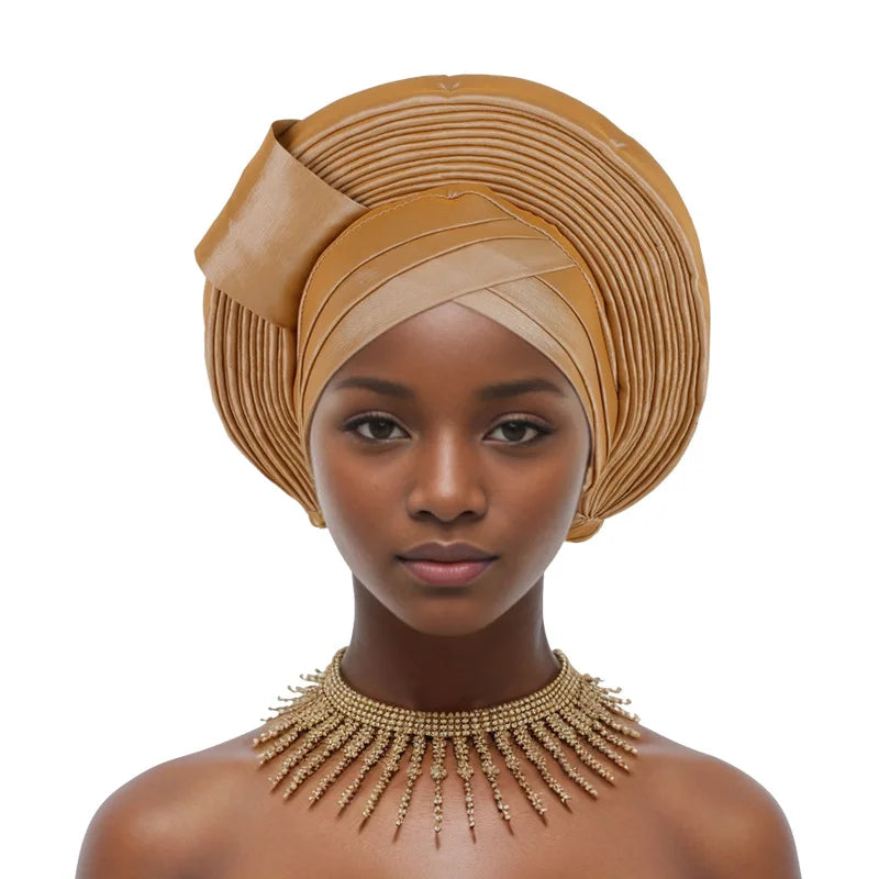 African Nigeria Bonnet Party Turban Pleated Turban Cap for Women Ready to Wear Aso Oke Already Made Auto Gele Headtie Head Wrap