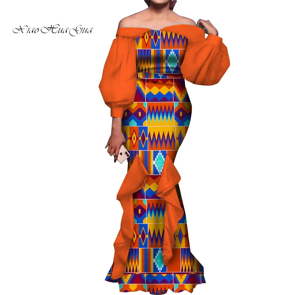 Fashion Women Ankara Dresses Flash Neck Puff Sleeve Long Dress African Dress Robe Africaine Femme Evening Mermaid Dress WY1848