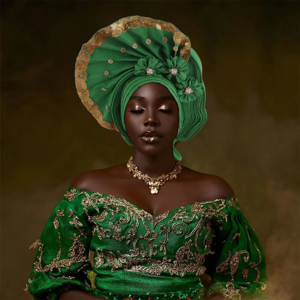 Beaded Turban Cap for Women African Wedding Headwear Auto Gele Aso Oke Headties Hijab Bonnet Head Wrap Hat Nigeria Headgear
