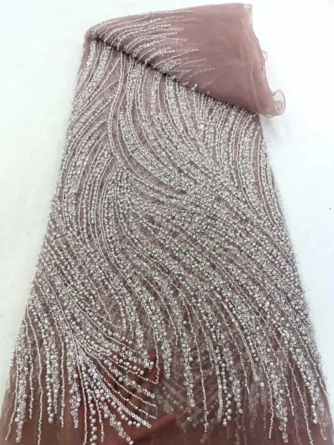 African Beads Lace Fabric 2025 High Quality Mesh Sequins Lace Embroidered French Groom Fabric For Sewing Evening Dresses Women