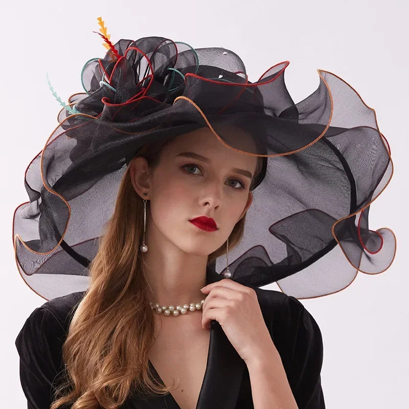 Fashion Big Bow Wide Brim Hat Women Hats for Wedding Church Dress Organza Fedora Foldable Lady Hat Sun Hats