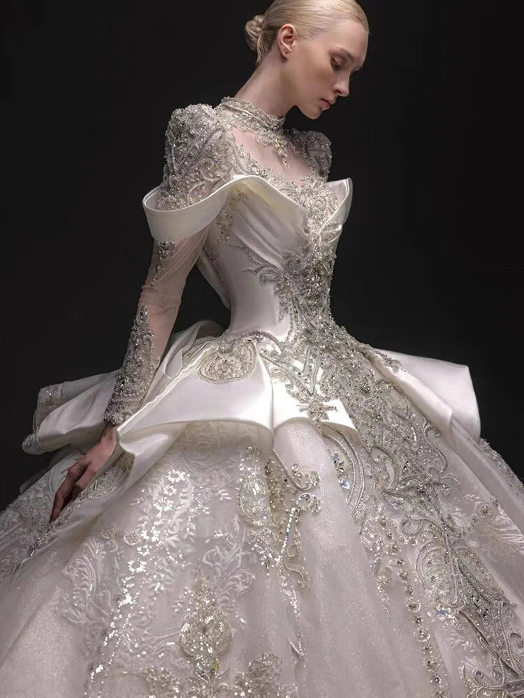Customized Heavy Industry Satin Wedding Dress for Women New Retro Bride Long Sleeve Ball Gown Large Size Vestido De Novia