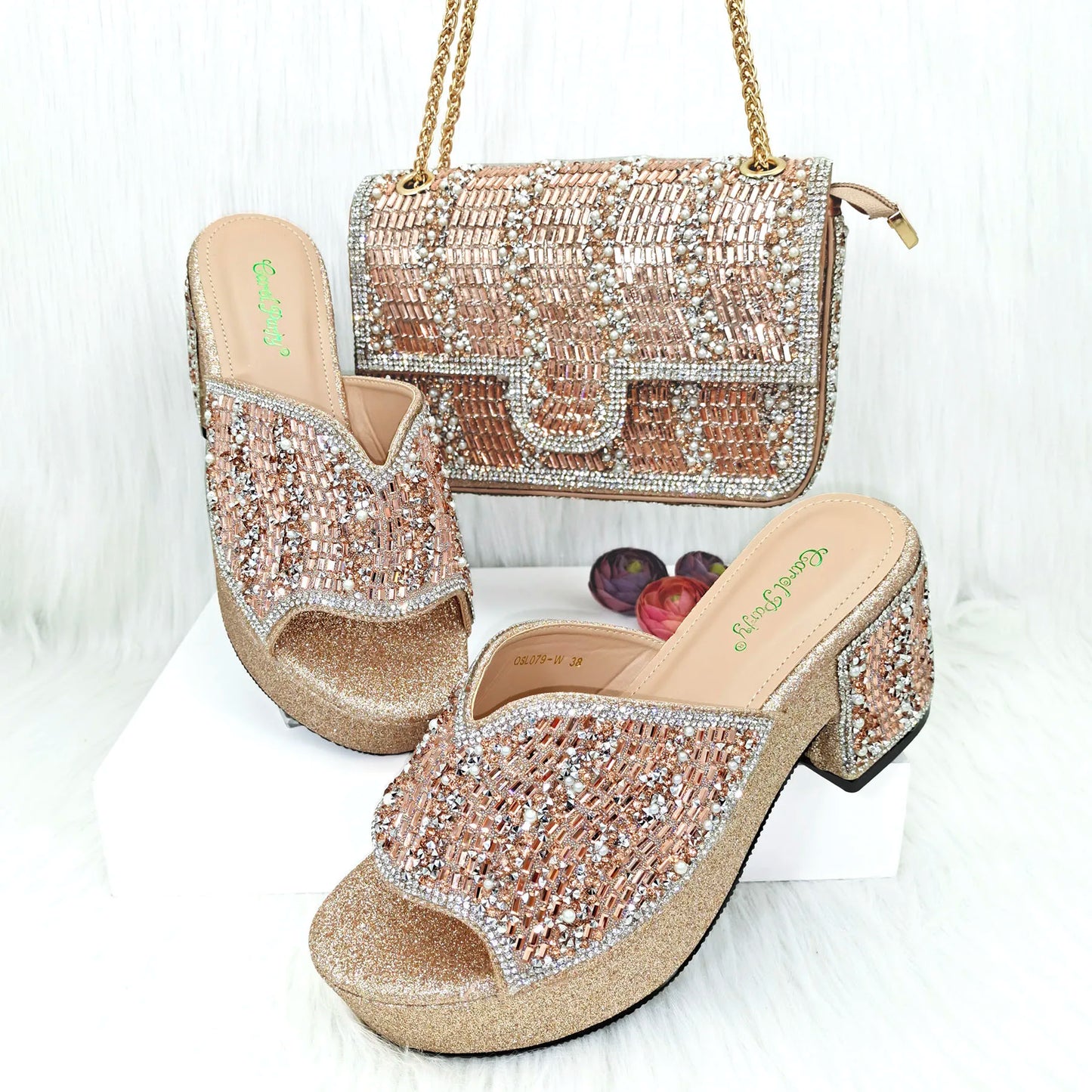 QSGFC Nigerian Peach High Heels Paired With Square Bag Rhinestone Studded Sequin Women's Sandals Are Suitable For Daily Parties