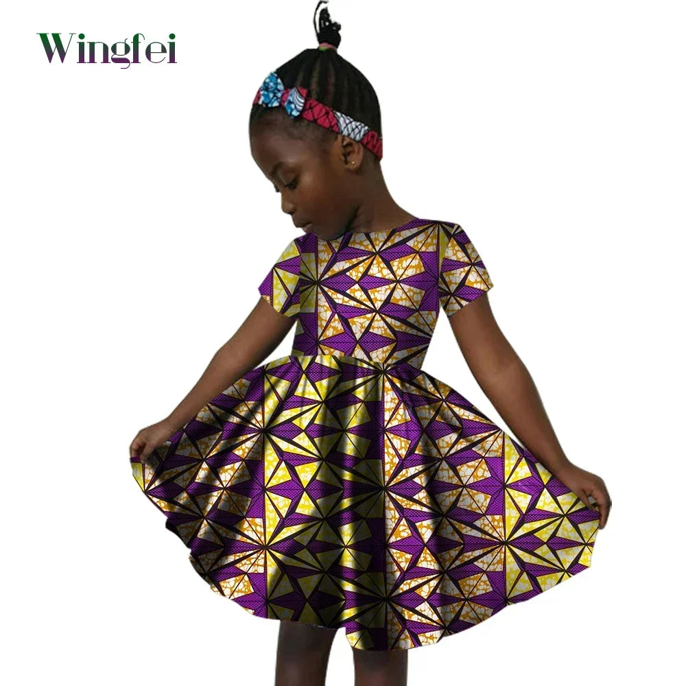 African Clothes for Children Ankara Print Kids Dashiki Dresss Short Sleeve Girl Dresses Casual Kid Attire Cotton WYT60