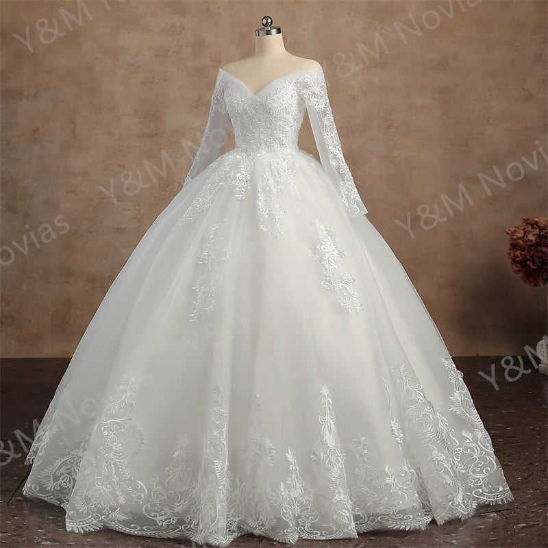 Real video Ball Gown Off Shoulder Wedding Dresses Full Sleeve Sweetheart Lace Appliqus Bead Wedding Dresses For Women New