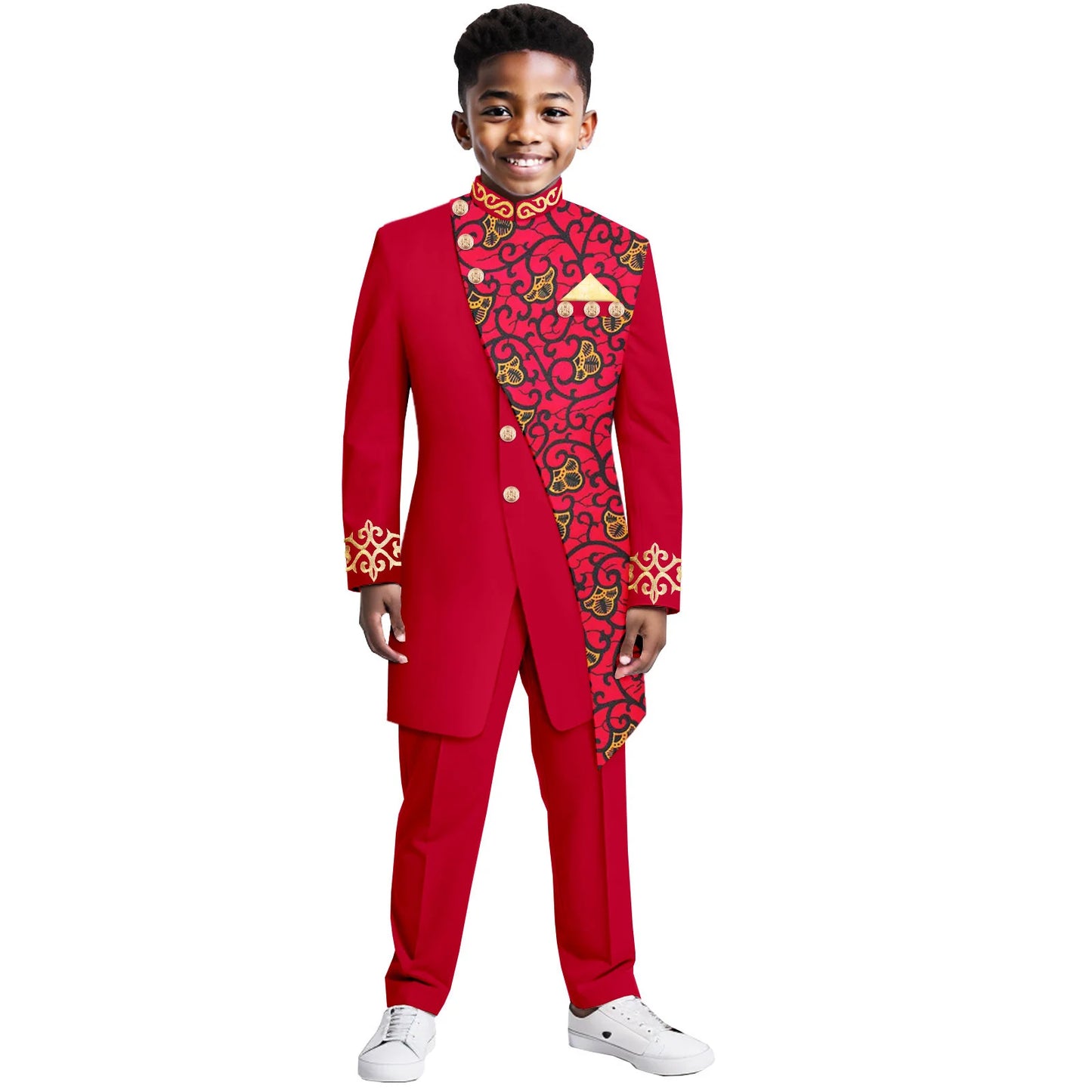 Boys Suits Wedding Tuxedo African Print Ankara Pure Cotton Jacket Pants 2 Piece Set Formal Party Fashion Dress Kids Blazer