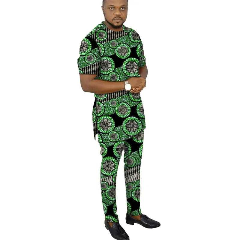African Fashion Men's Set Outfits Short Sleeve Tops Patch Trousers Nigerian Print Male Pant Suits Party Wear Customized