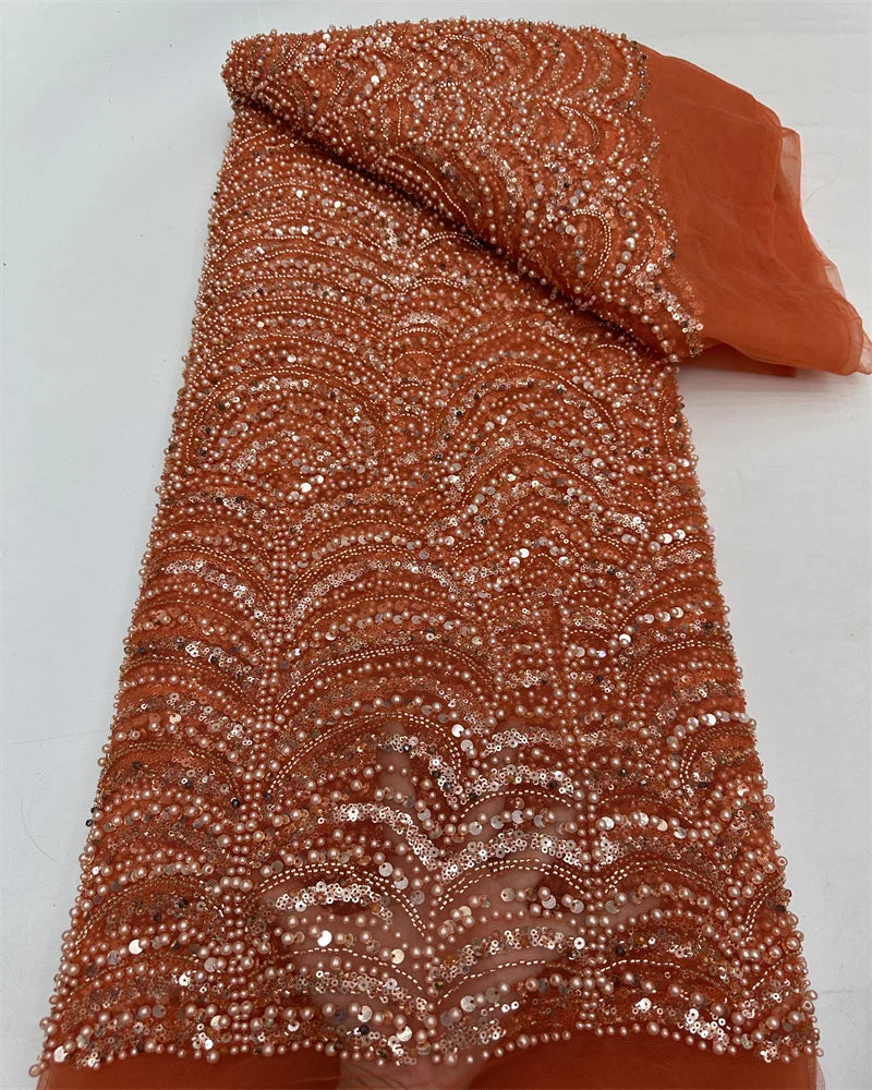Latest Pink African Sequins Lace Fabric High Quality Lace Embroidery Beaded Mesh Fabric 5 Yards For Wedding Party Dress