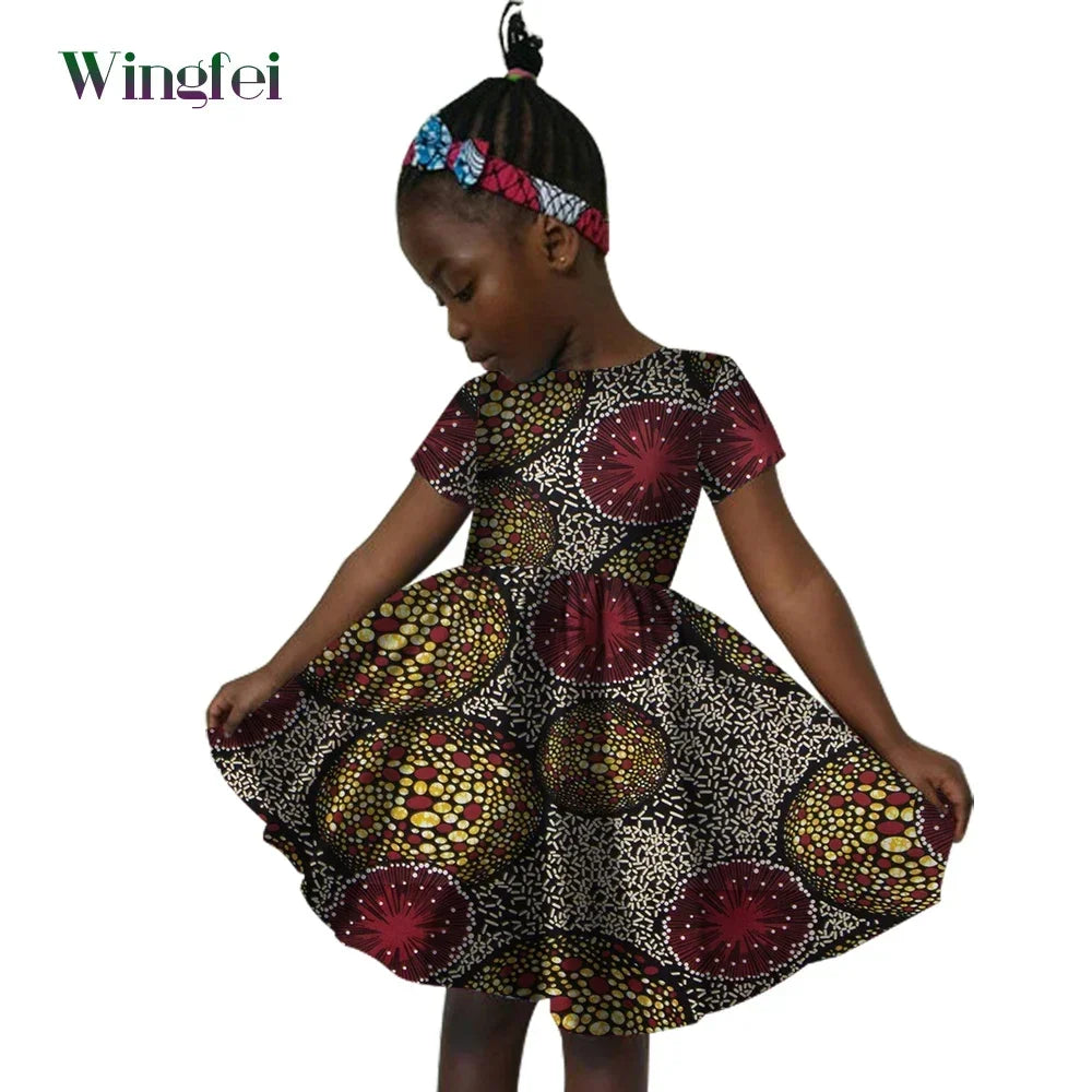African Clothes for Children Ankara Print Kids Dashiki Dresss Short Sleeve Girl Dresses Casual Kid Attire Cotton WYT60