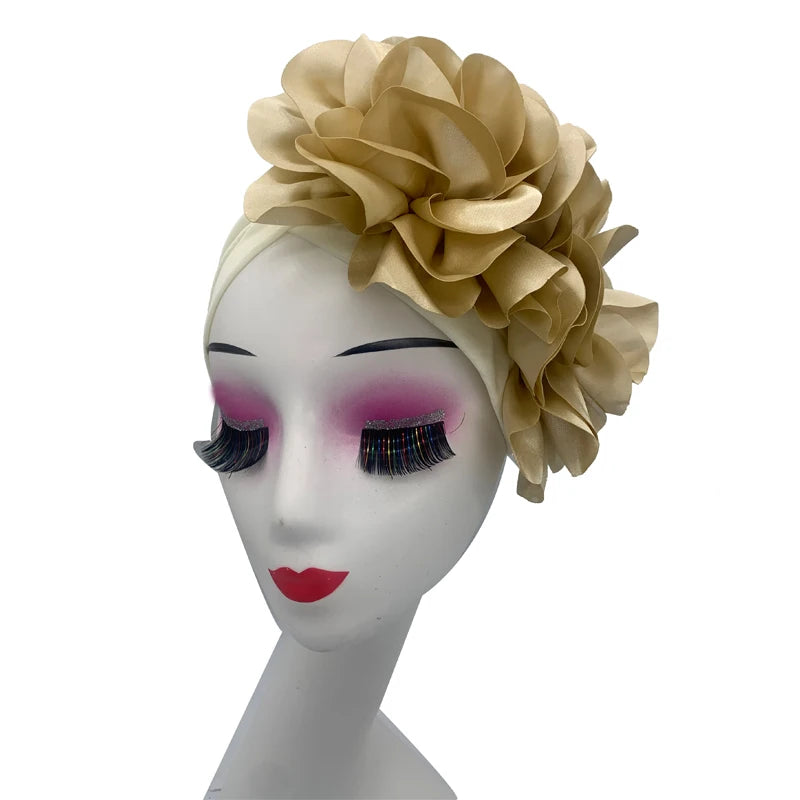 2023 Rhinestones Turban Hat with Side Satin Ruffles Women's Wrap Head Beanies Muslim Headscarf Bonnet African autogele Headtie