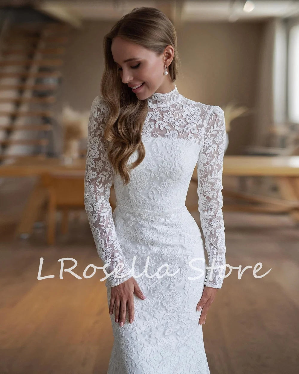 LRosella Wedding Dress Lace Long Sleeve Fashion Pleated Floor-Length Elegant Exquisite O-Neck Morden style Luxury