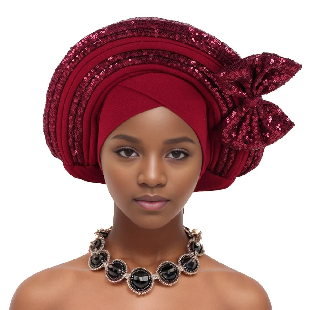 Nigeria Bowknot Turban Cap for Women 2025 New African Auto Gele Headtie Aso Oke Bonnet Hijab Headscarf Sequin Head Wrap Headgear