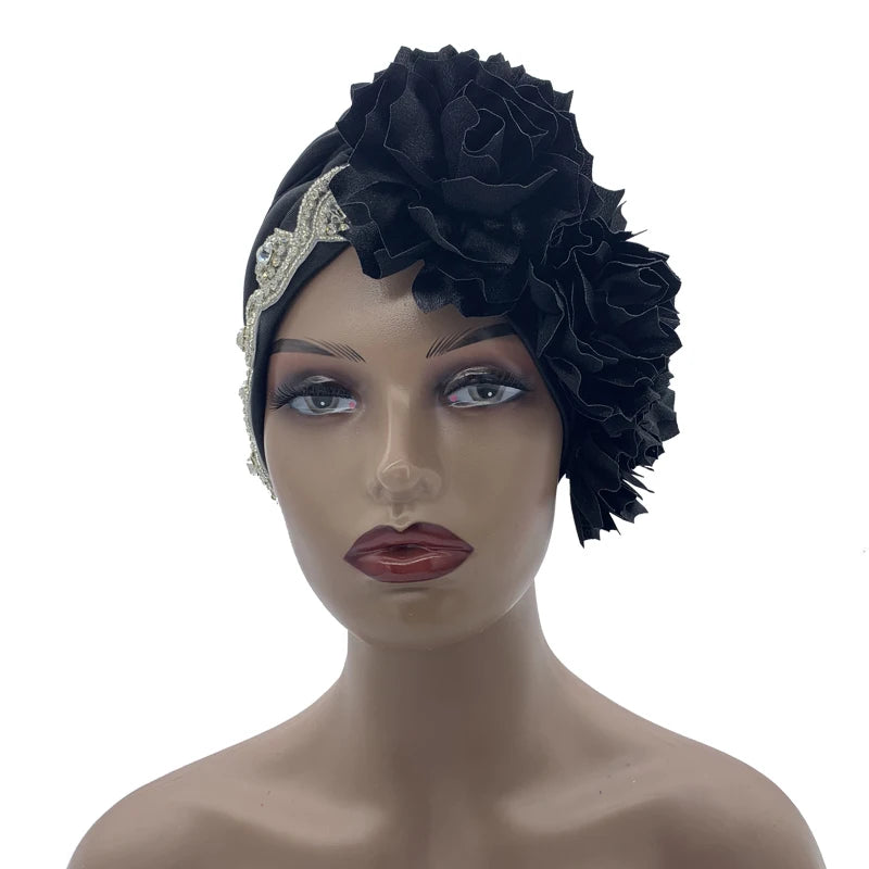2023 Rhinestones Turban Hat with Side Satin Ruffles Women's Wrap Head Beanies Muslim Headscarf Bonnet African autogele Headtie