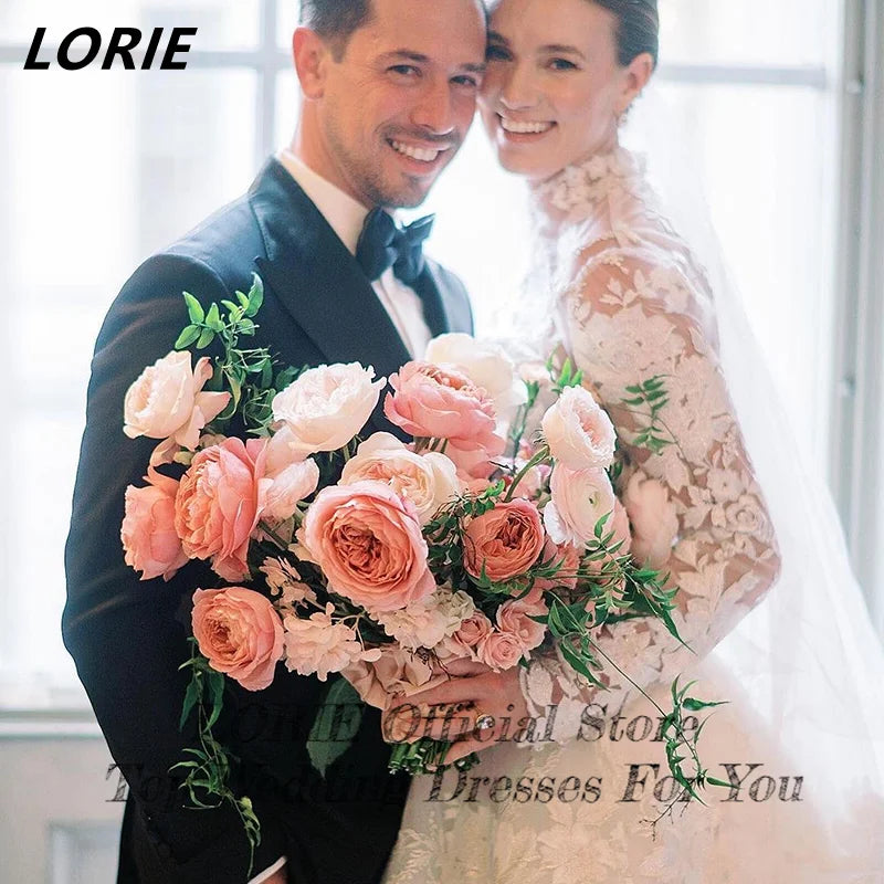 LORIE Vintage Lace High Neck Wedding Dresses Long Sleeves Elegant A-Line Boho Bridal Gowns Ivory Appliques Princess Bride Dress
