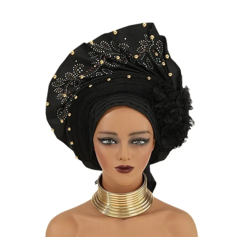 African Auto Gele Headtie Turban Cap for Women Hat Already Made 2025 Aso Oke Wedding Bonnet Head Wrap Bonnet Hijab Flower Beaded