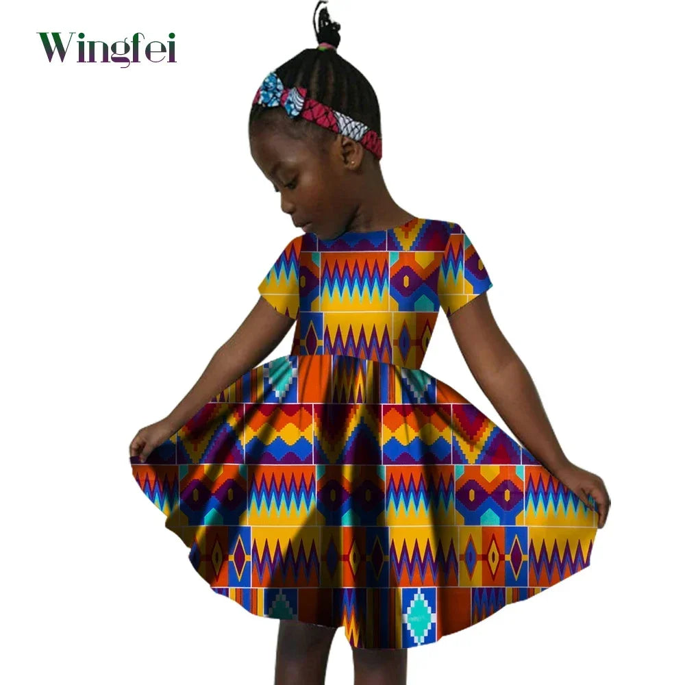 African Clothes for Children Ankara Print Kids Dashiki Dresss Short Sleeve Girl Dresses Casual Kid Attire Cotton WYT60