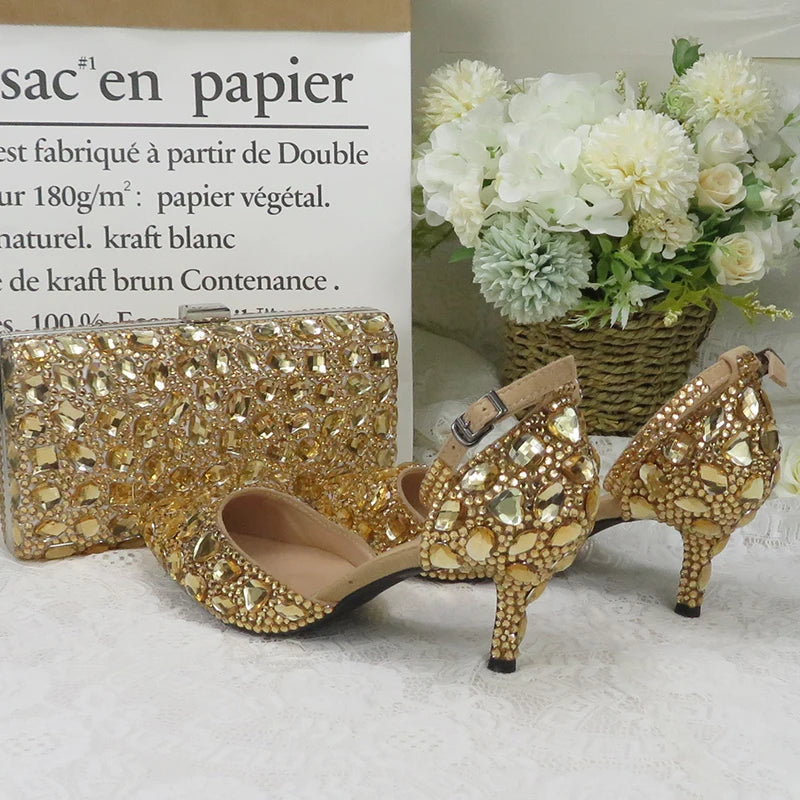 2021 new champagne colored rhinestone bridal dress shoes with bag rhinestone high heels ankle strap women's party dress shoes