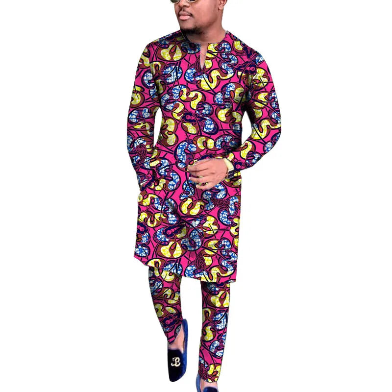 V Neck Design Tops Patch Waist Pants African Print Men's Set Tailored Nigerian Fashion Party Outfits