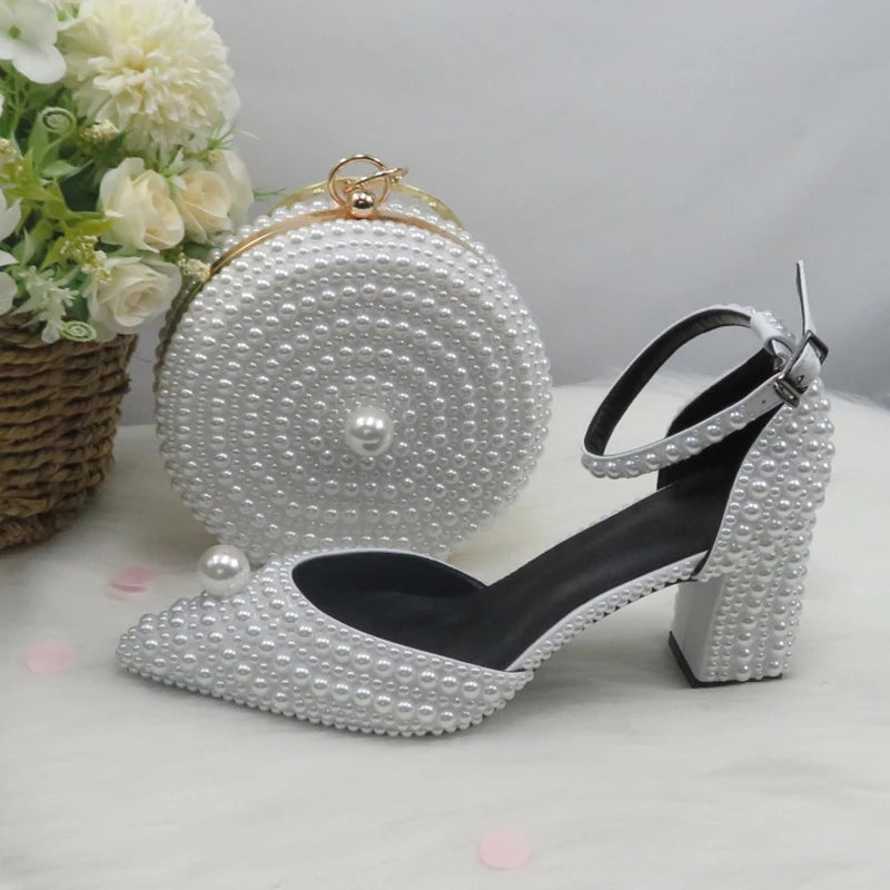 BaoYaFang White Pearl women wedding shoes And Bags Bride High heels shoes ladies party dress shoes woman Sweet Fashion Pumps