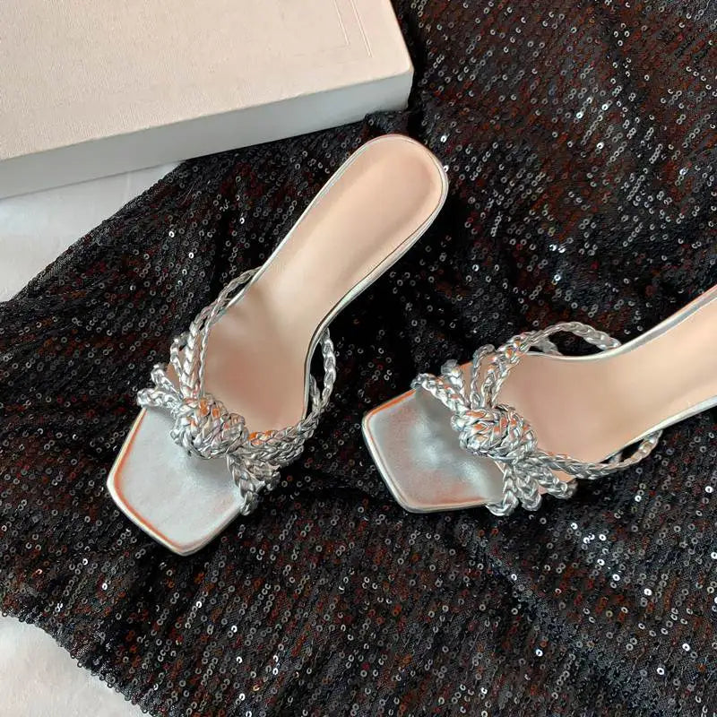 Krazing Pot Weaving Style Mules Flip Flops Gorgeous Peep Toe Summer Strange Style High Heels Party Superstar Sandals Women Ins