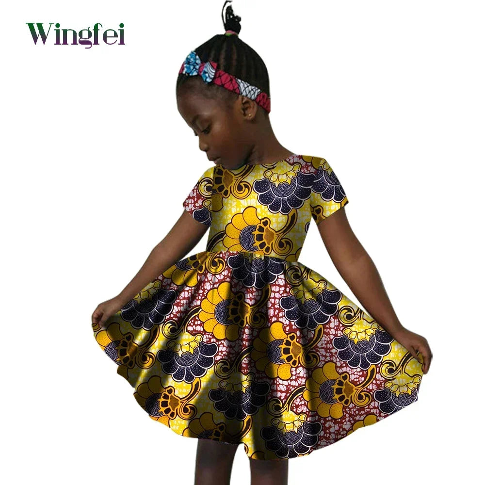 African Clothes for Children Ankara Print Kids Dashiki Dresss Short Sleeve Girl Dresses Casual Kid Attire Cotton WYT60