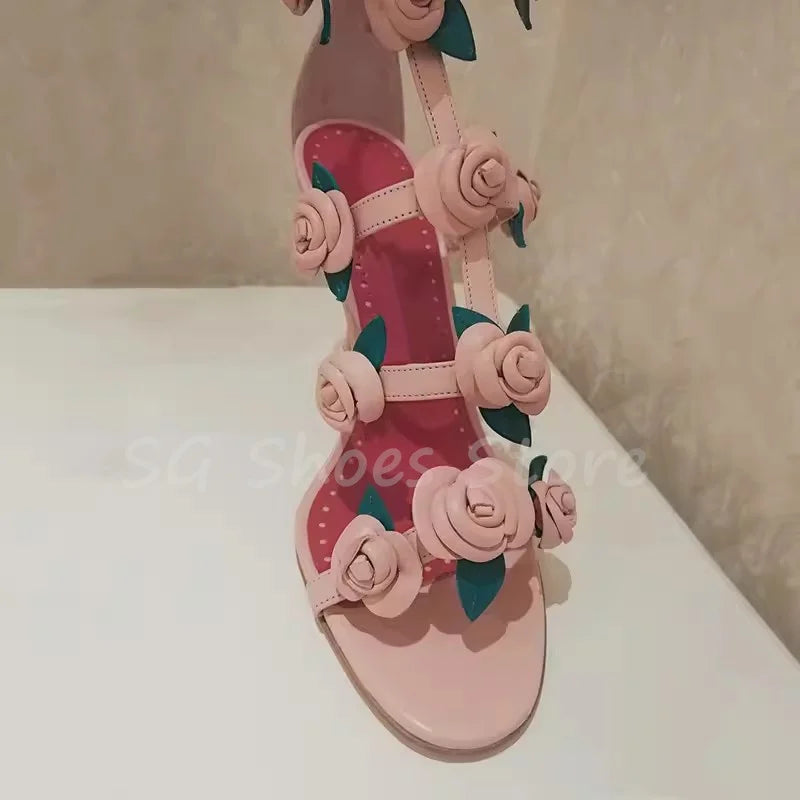 Romantic Rosette Caged Hight Heel Sandals for Womenrose Decor Narrow Band Peep Toe Thin Heel Pumps Ladies Party Catwalk Shoes