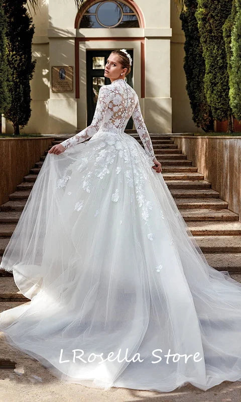 High Neckline Noble Royal Princess Flower Wedding Dress with Court Train Long Sleeves Illusion Button Back Pretty 2025 Wedding