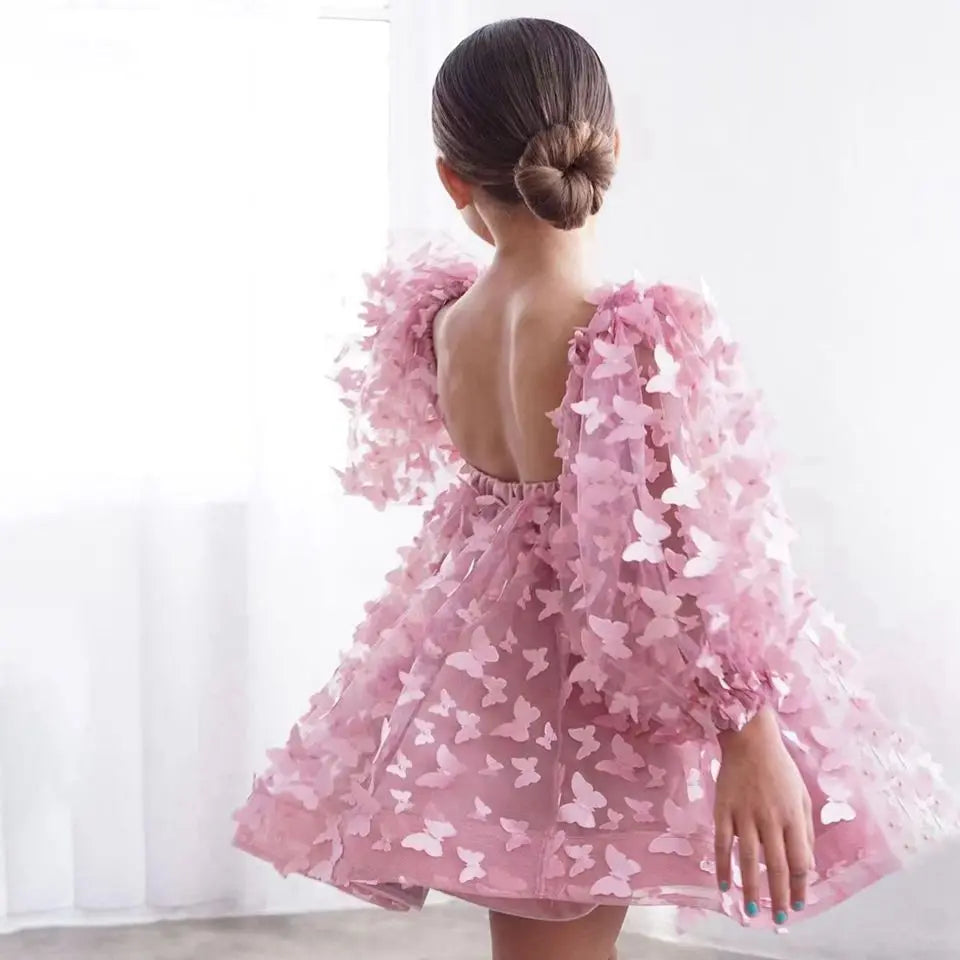 Customized Lovely Pink Flower Girl Dress For Wedding 2025 3D Butterfly Appliques Backless Birthday Party First Communion Gown