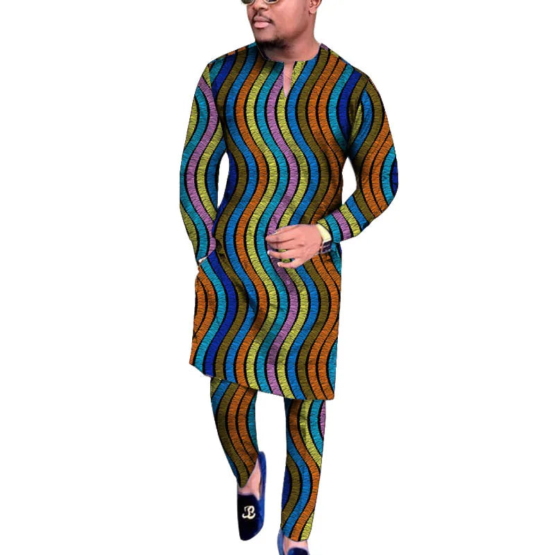 V Neck Design Tops Patch Waist Pants African Print Men's Set Tailored Nigerian Fashion Party Outfits
