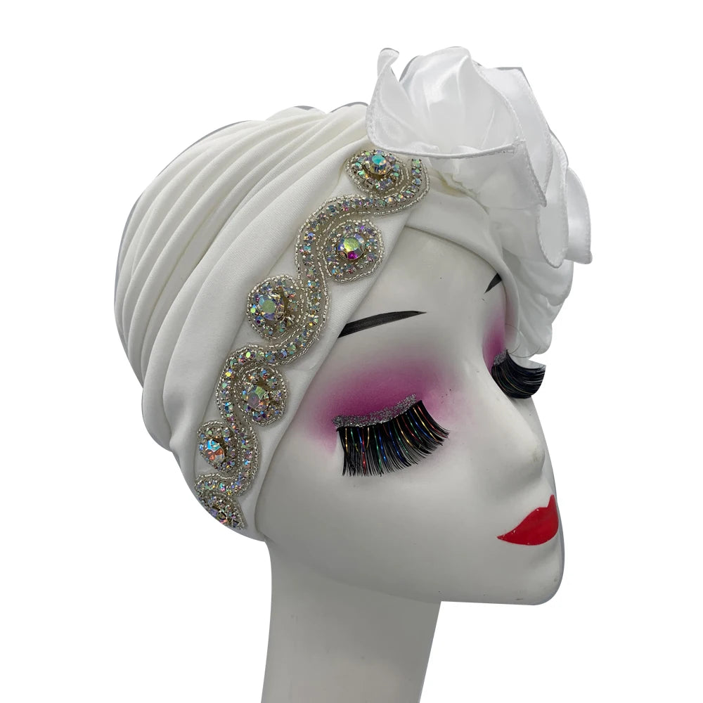 2023 Rhinestones Turban Hat with Side Satin Ruffles Women's Wrap Head Beanies Muslim Headscarf Bonnet African autogele Headtie