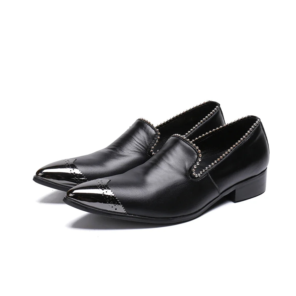 Classic Black Real Leather Men Office Casual Shoes Metal Pointed Toe Fashion Men Business Party Flat Shoes Suit Shoes Plus Size