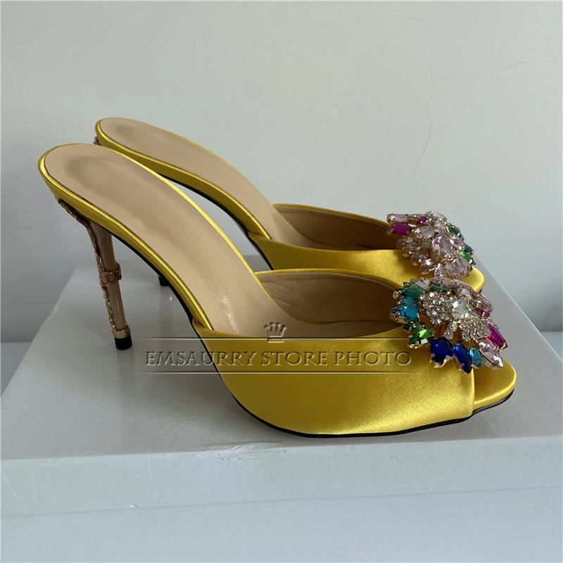 Novelty Petal Decor Stiletto Heel Sandals Women Luxury Satin Open Toe Slingbacks Colorful Rhinestone Flower Party Shoes Summer