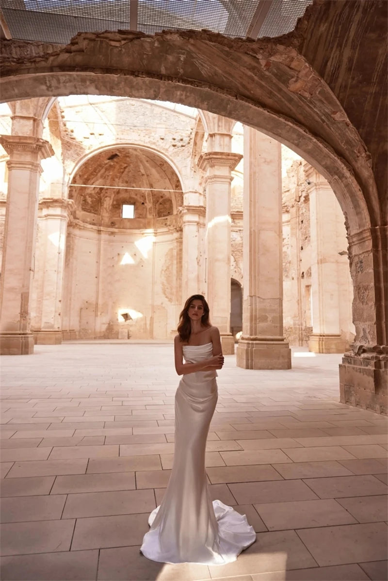 Simple White Satin Mermaid Wedding Dresses Women Customized Strapless Bridal Dress Long Sleeveless Vestido Bespoke Bride Gown