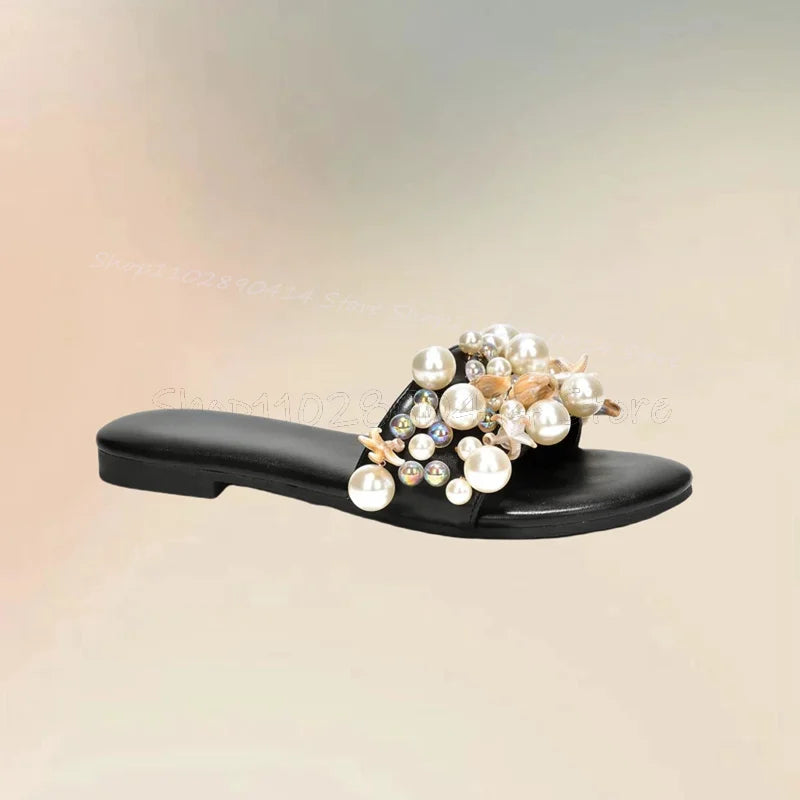 Pearl Decor Black Sole Open Toe Slippers Slip On Women Shoes Low Top Novel Fashion Comfort Party Feast Zapatos Para Mujere