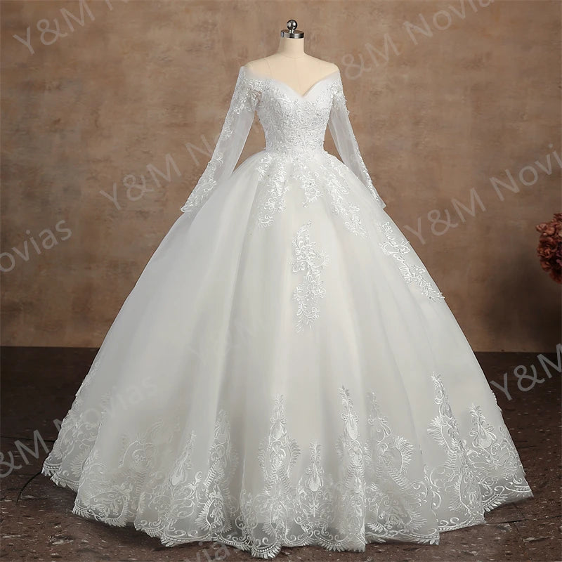 Real video Ball Gown Off Shoulder Wedding Dresses Full Sleeve Sweetheart Lace Appliqus Bead Wedding Dresses For Women New