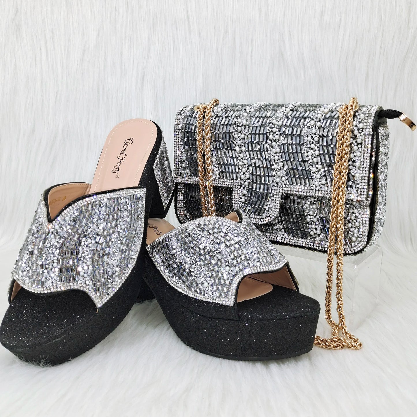 QSGFC Nigerian Peach High Heels Paired With Square Bag Rhinestone Studded Sequin Women's Sandals Are Suitable For Daily Parties
