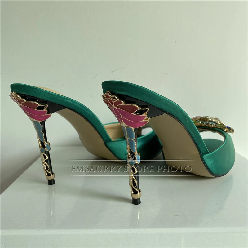 Novelty Petal Decor Stiletto Heel Sandals Women Luxury Satin Open Toe Slingbacks Colorful Rhinestone Flower Party Shoes Summer