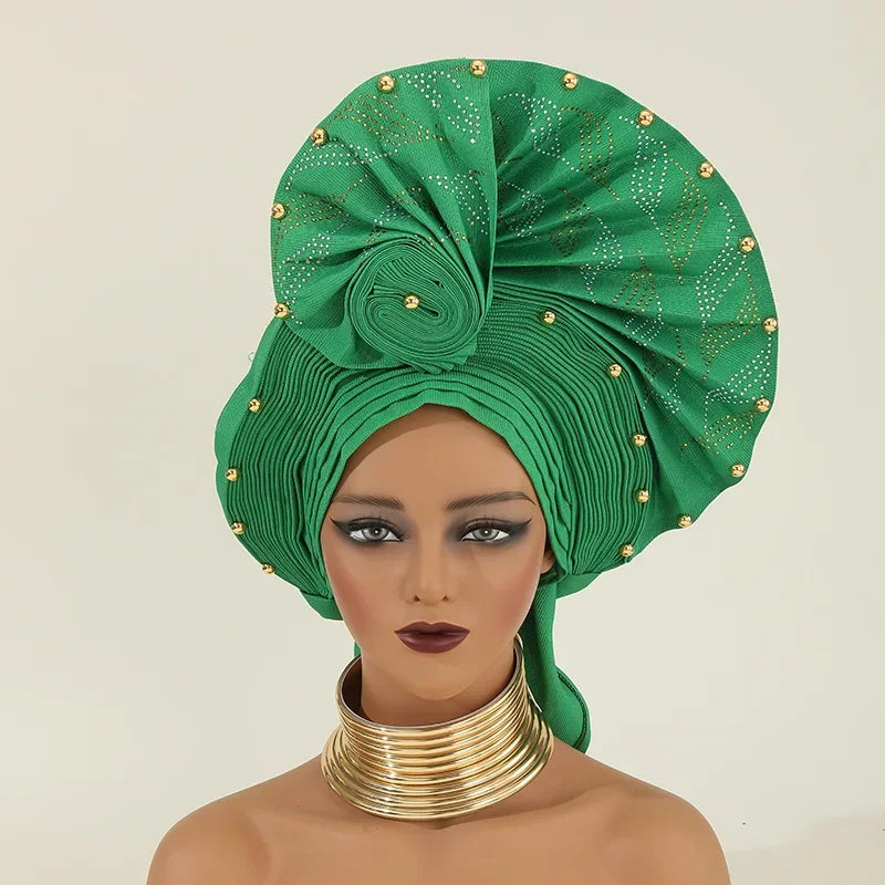 African Auto Gele Headtie Aso Oke Nigeria High Quality Bead Already Made Hijab Bonnet Headband Turban Cap Party Wedding Headgear
