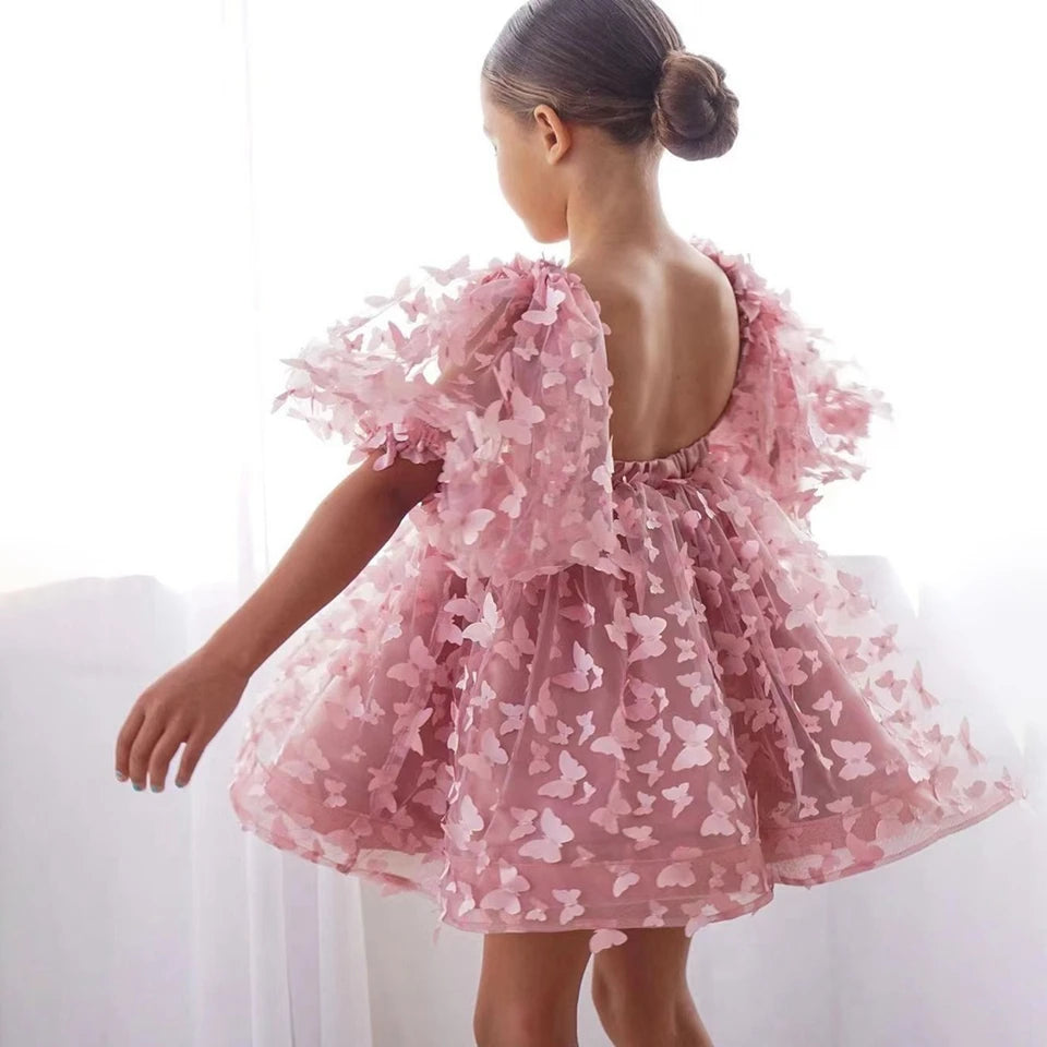 Customized Lovely Pink Flower Girl Dress For Wedding 2025 3D Butterfly Appliques Backless Birthday Party First Communion Gown