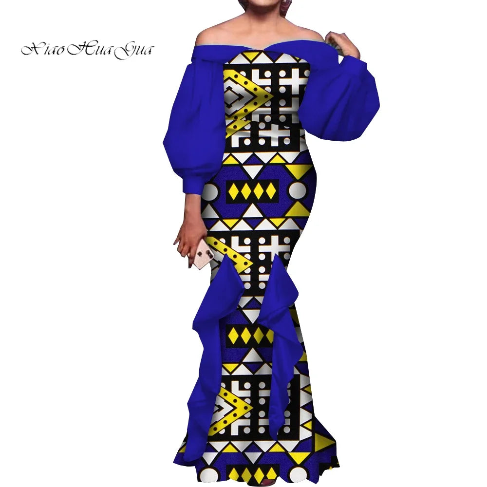 Fashion Women Ankara Dresses Flash Neck Puff Sleeve Long Dress African Dress Robe Africaine Femme Evening Mermaid Dress WY1848
