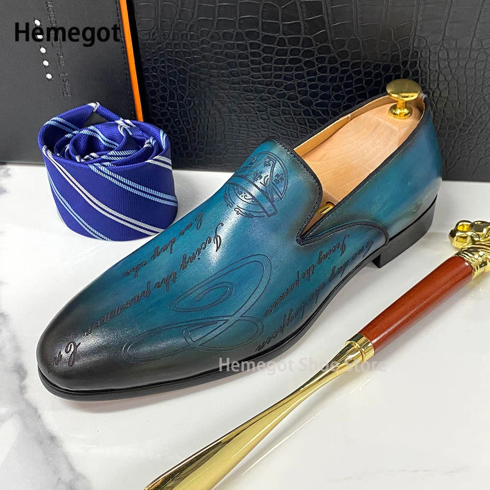 Italian Style Hand Painted Lettering Men's Shoes Leather Dress Shoe Slip-On Business Casual Single Shoes Party High Quality Shoe